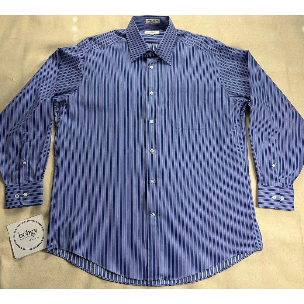 Faconnable Mens Blue Striped Dress Shirt 17 L Made in USA Vintage Luxury Cotton
